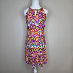 Jude Connally Womens Ikat Print Halter Keyhole‎ Dress Purple Green Orange Small